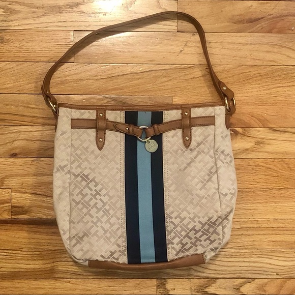 Tommy Hilfiger vintage tan logo shoulder bag with blue stripes down the middle - Picture 6 of 7